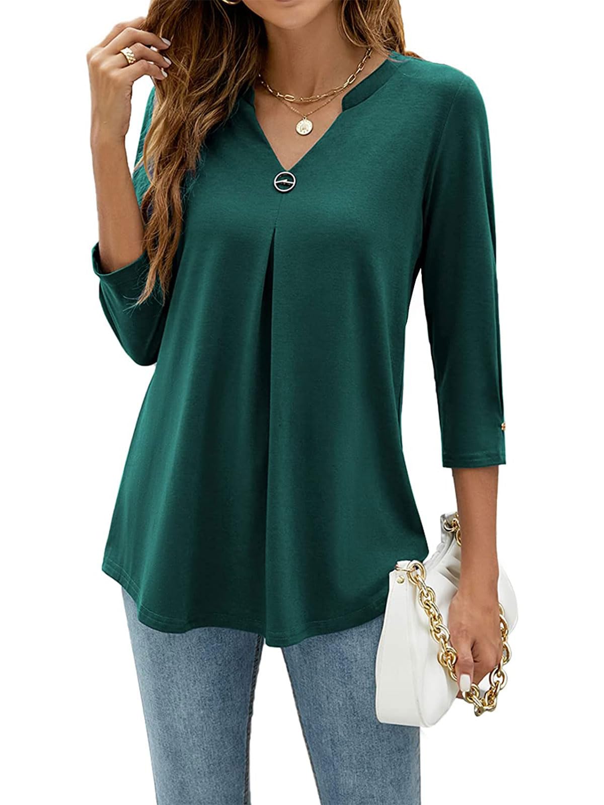 Bluzka 3/4 Rękaw Bluzki Damskie Dekolt w serek Jednolity kolor Casual Top Eleganckie Luźne Koszule T Shirt