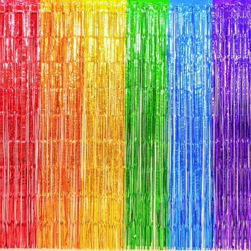 Image of 4 Pack Rainbow Foil Fringe Curtains, 13.2x6.6ft Colorful Tinsel Streamers Backdrop, Photo Backdrop for Birthday, Wedding, Baby Shower, Back to School, Pride Month | Rainbow Streamers Party Decorations