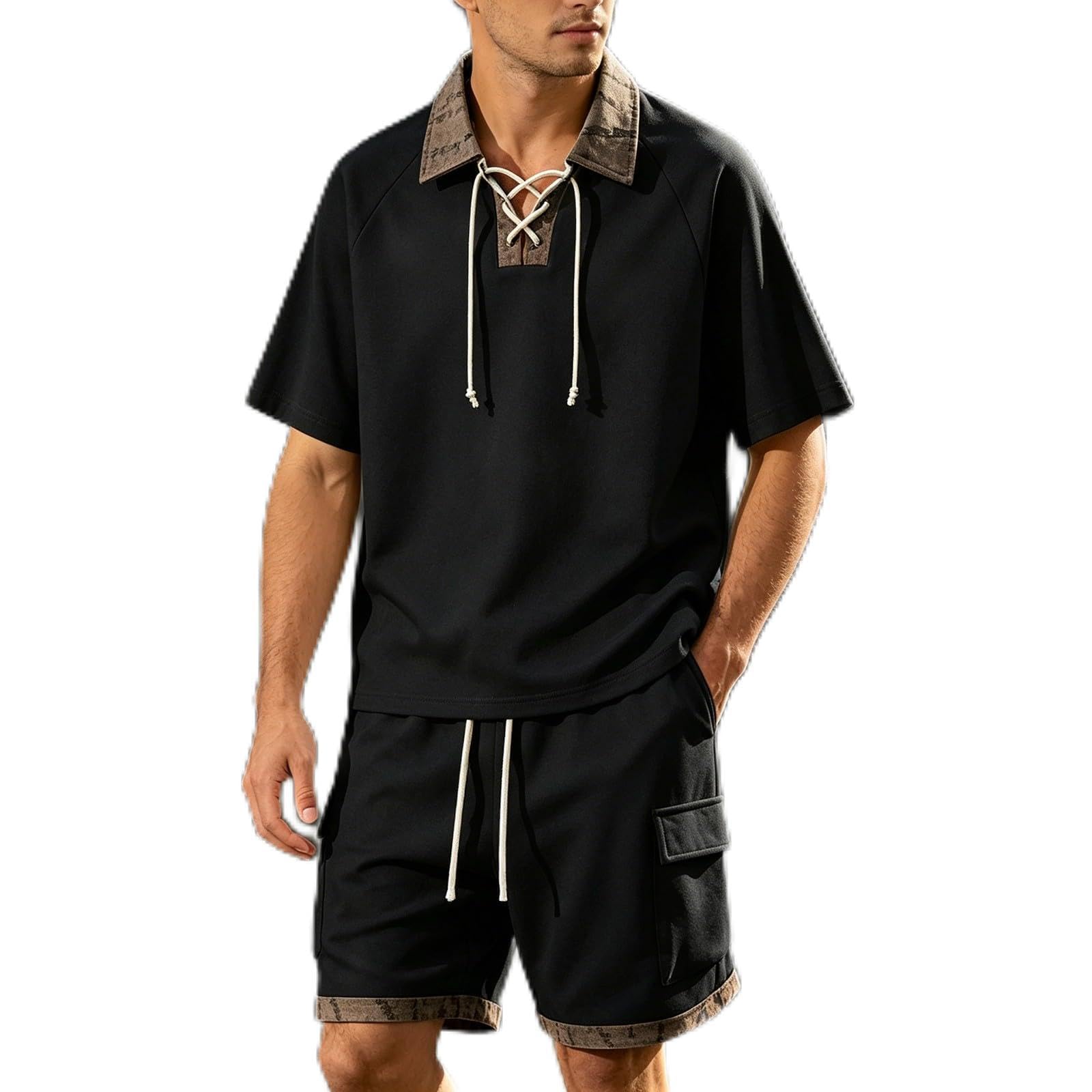 Tuta da jogging da uomo, 2 pezzi, casual, essenziale, estiva, con polo, pantaloncini, con coulisse, risvolto, tuta da allenamento, per il tempo libero, abbigliamento sportivo