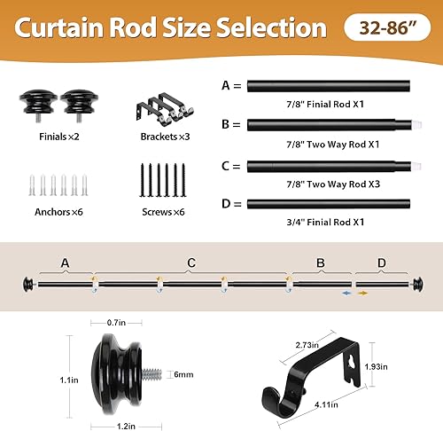 Miniatura 8 de TONIAL Barra de cortina de 32 a 86 pulgadas (2.6-7.2 pies), varillas telescópicas para cortinas de empalme para ventanas de 54 a 82 pulgadas
