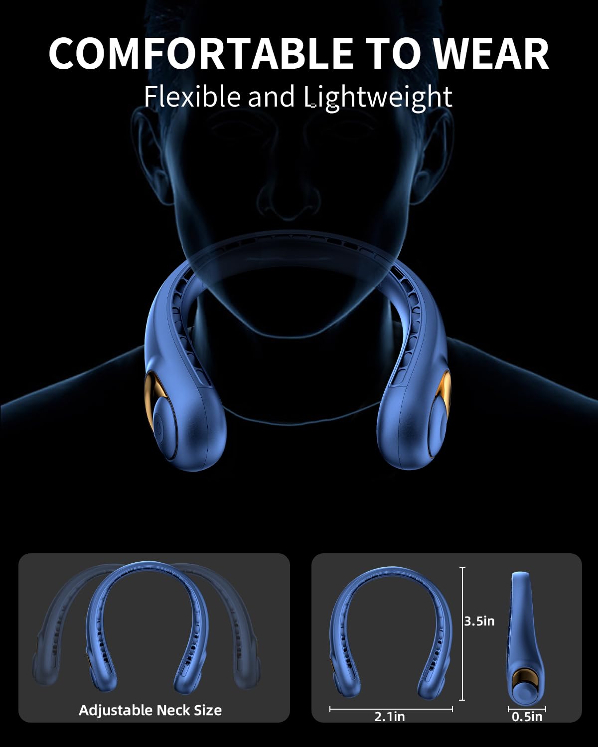 Ventilador de cuello, ventilador personal con indicador LED, carga USB-C, batería de larga duración de 5200 mAh, ventilador sin aspas manos libres con 3 velocidades ajustables y ultra silencioso, 6