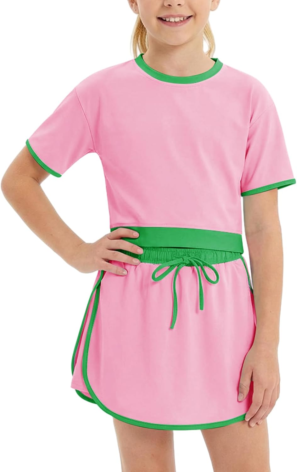 Girls 2 Piece Outfit Summer Athletic Clothes Set 5-14 Years | Kids Activewear,Color-Block Short Sleeve Top & Skirt Built in Shorts and Pocket, Soft Fabric Built for Tennis Gym or Running