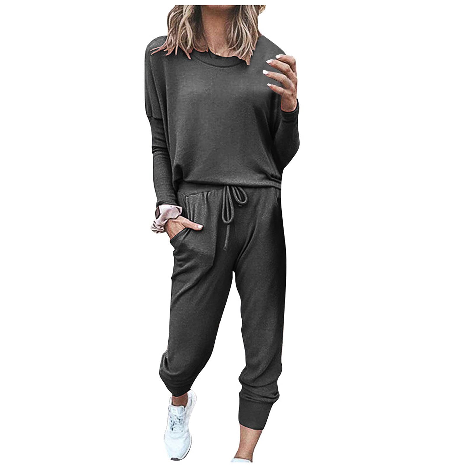 Womens Two Piece Outfit Travel Lounge Sets 2 Piece Fashion 2024 Trendy Long Sleeve Pullover Tops and Long