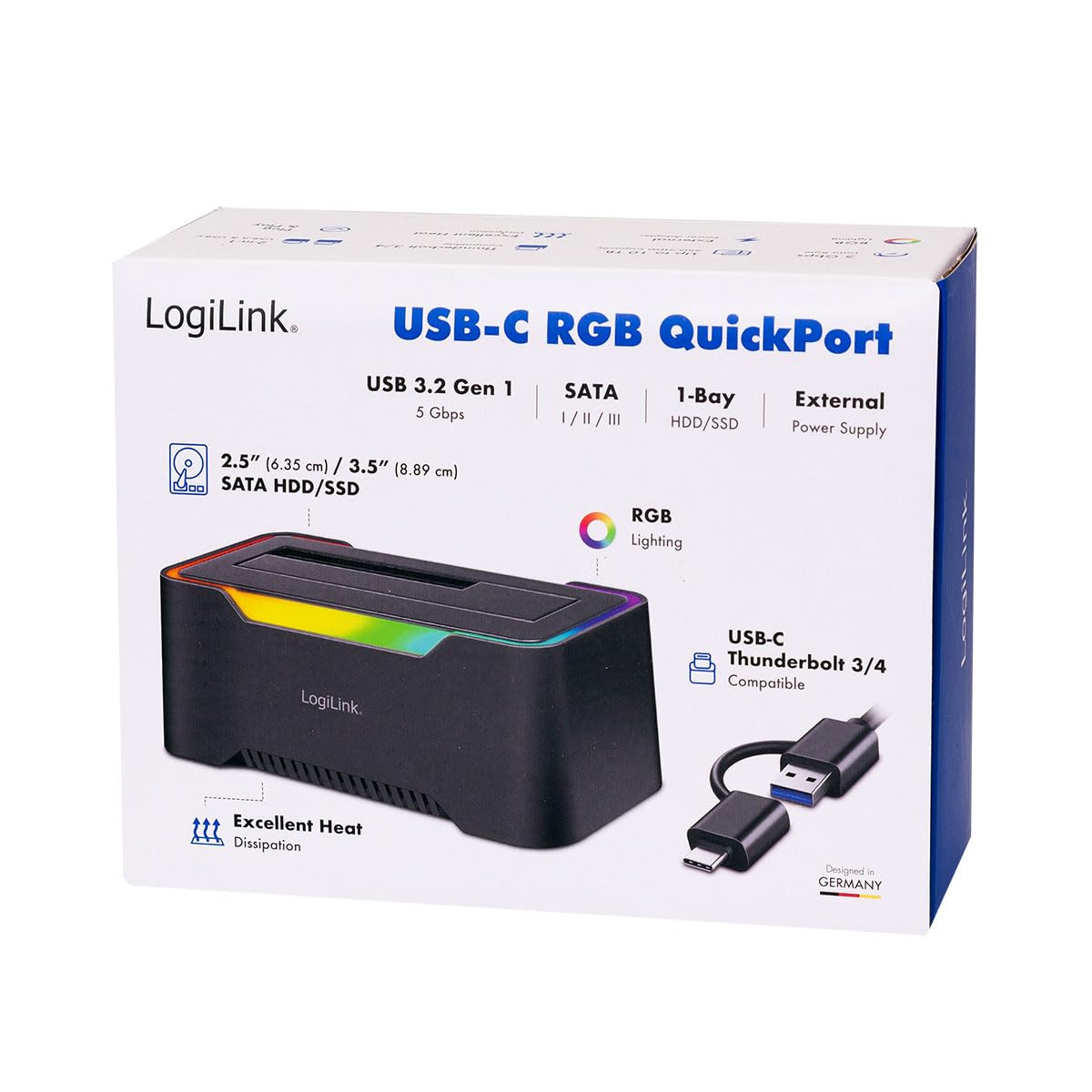 LogiLink Docking Station USB-C (3.2 Gen1) per HDD/SSD SATA da 2.5" e 3.5", con luce RGB, compatibile con Thunderbolt, Windows, Mac OS, Linux