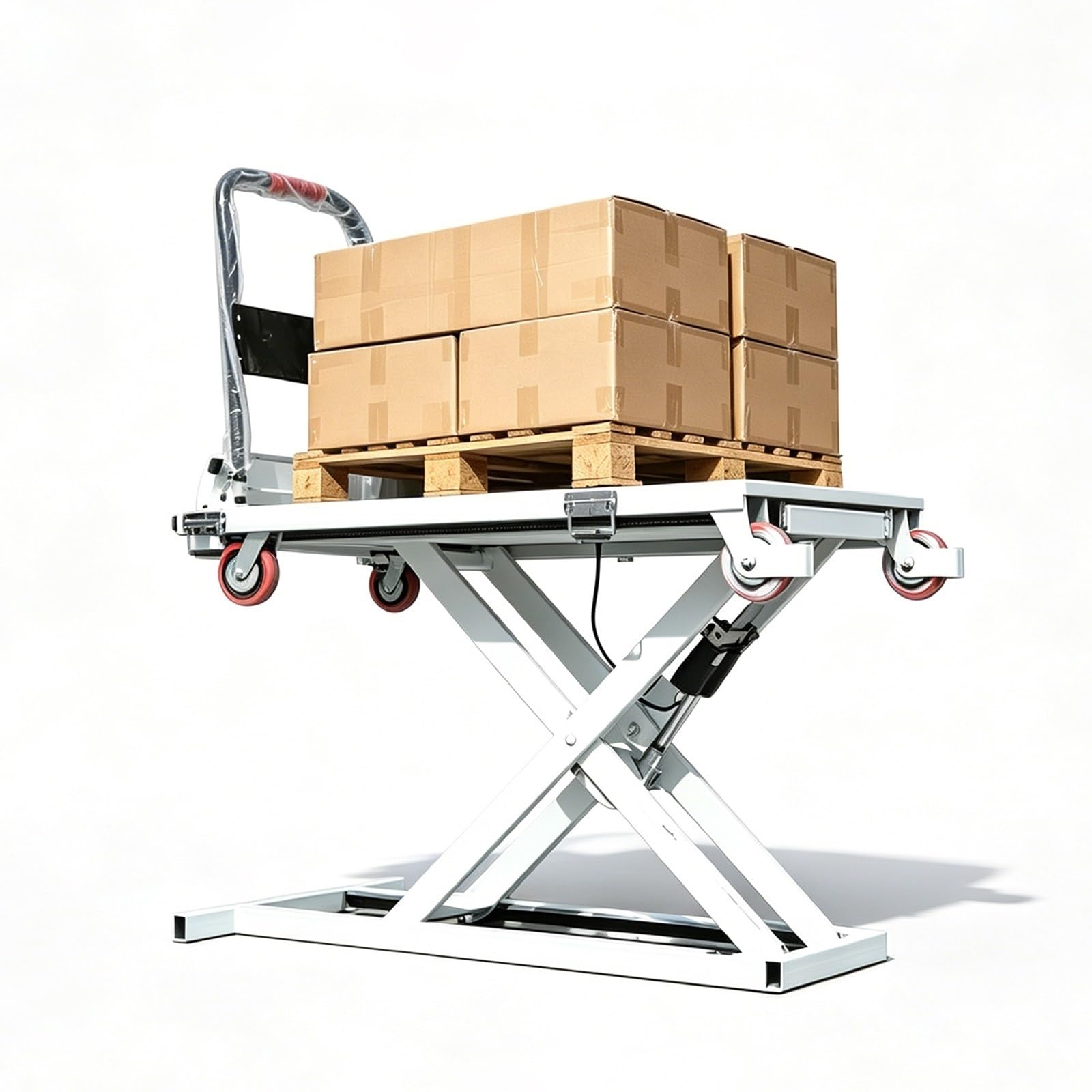 Carrello elevatore idraulico elettrico, capacità 600 libbre, batteria 48 V 12 A, piattaforma antiscivolo, 4 ruote, design salvaspazio per carico camion