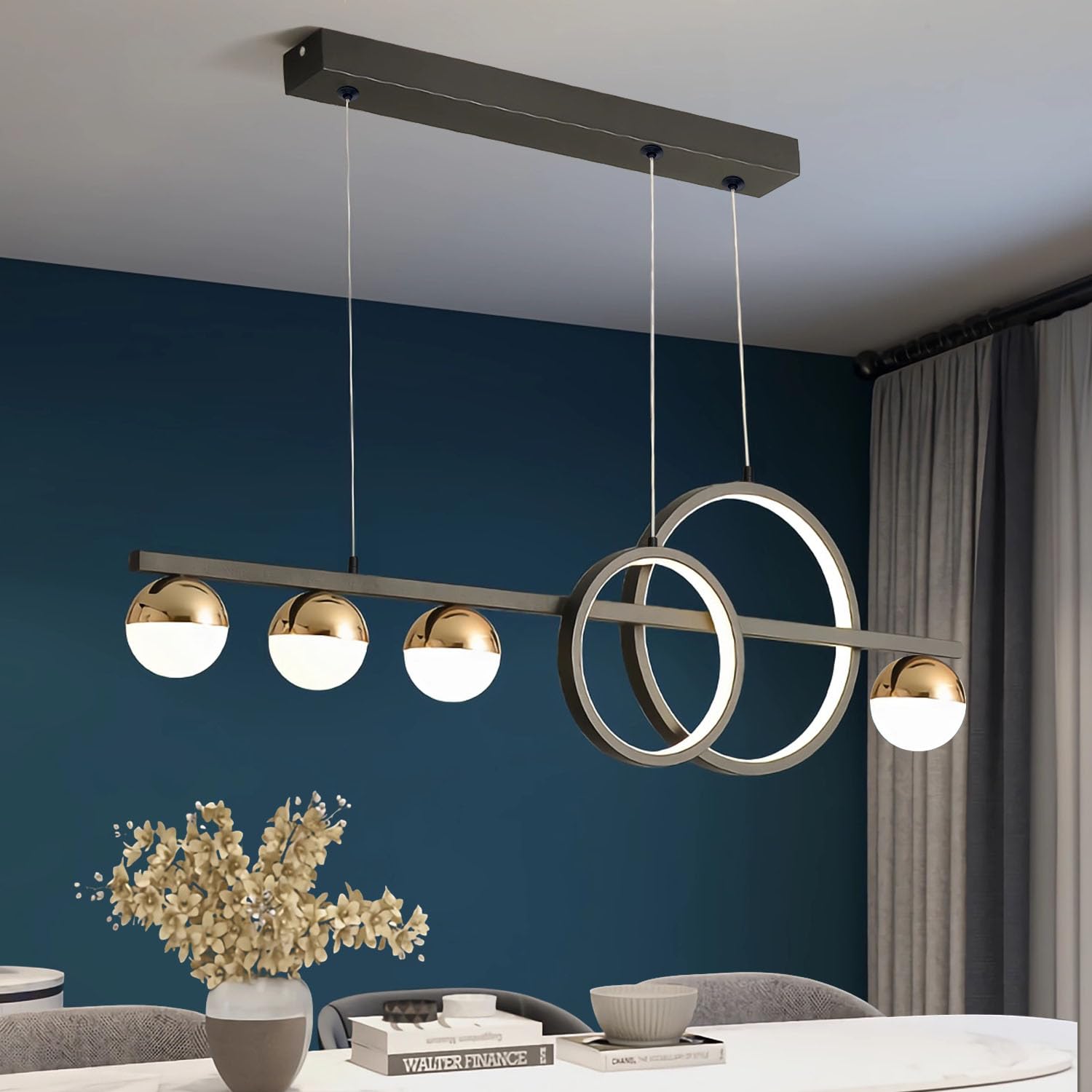 Candeeiro Teto Suspenso LED Regulável Lampara Techo Colgante Sala de Jantar Regulable en Altura Lampara Colgante Techo Cocina Mesa De Comedor Moderna con Mando a Distancia Negro 95CM