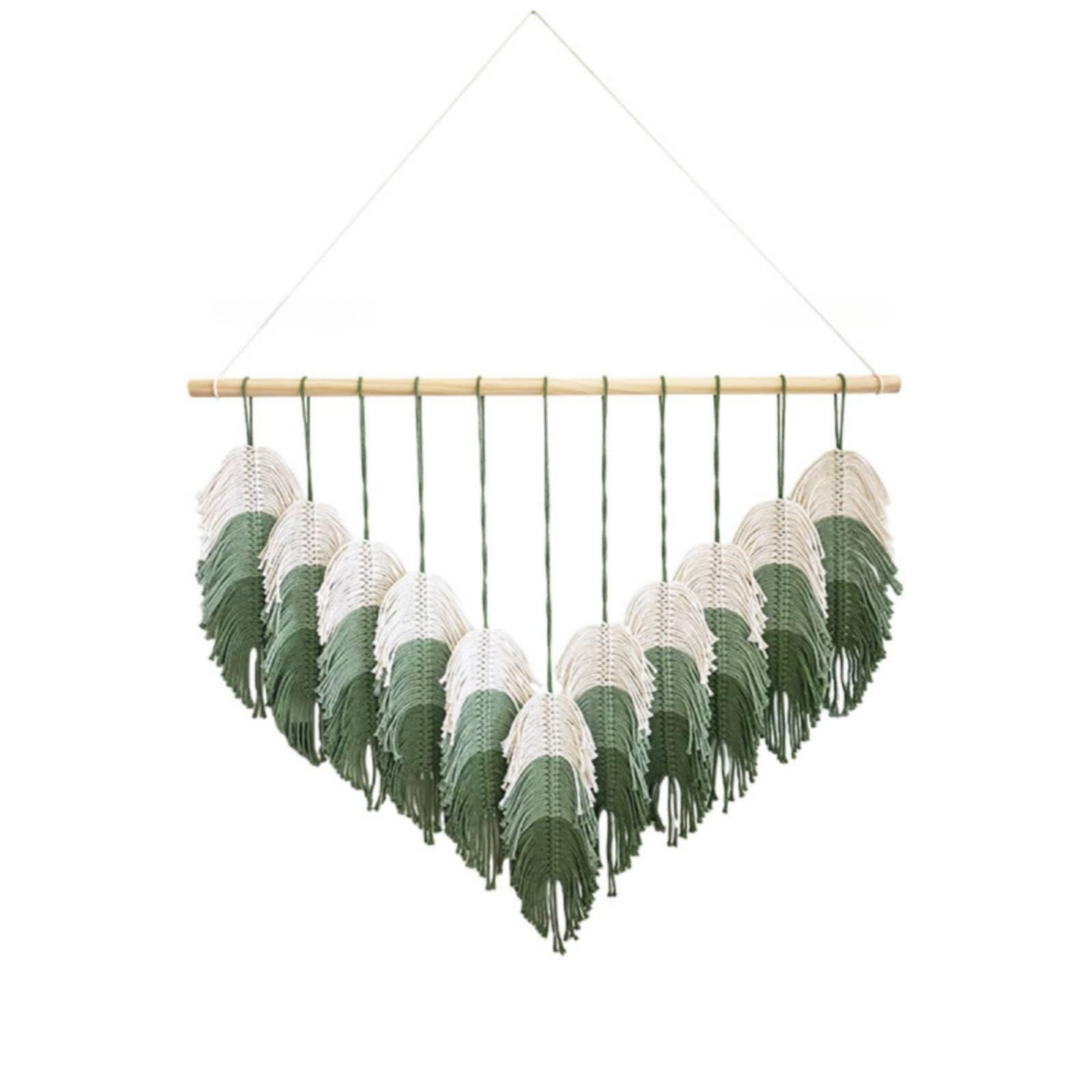 Fonowx Tapiz de Hojas Macramé Pared Colgante Decoración Mural Tejido Artesanal con Caída en Barra de Colgado Algodón y Madera Adecuado para Sala de Estar, Verde, 80 110cm