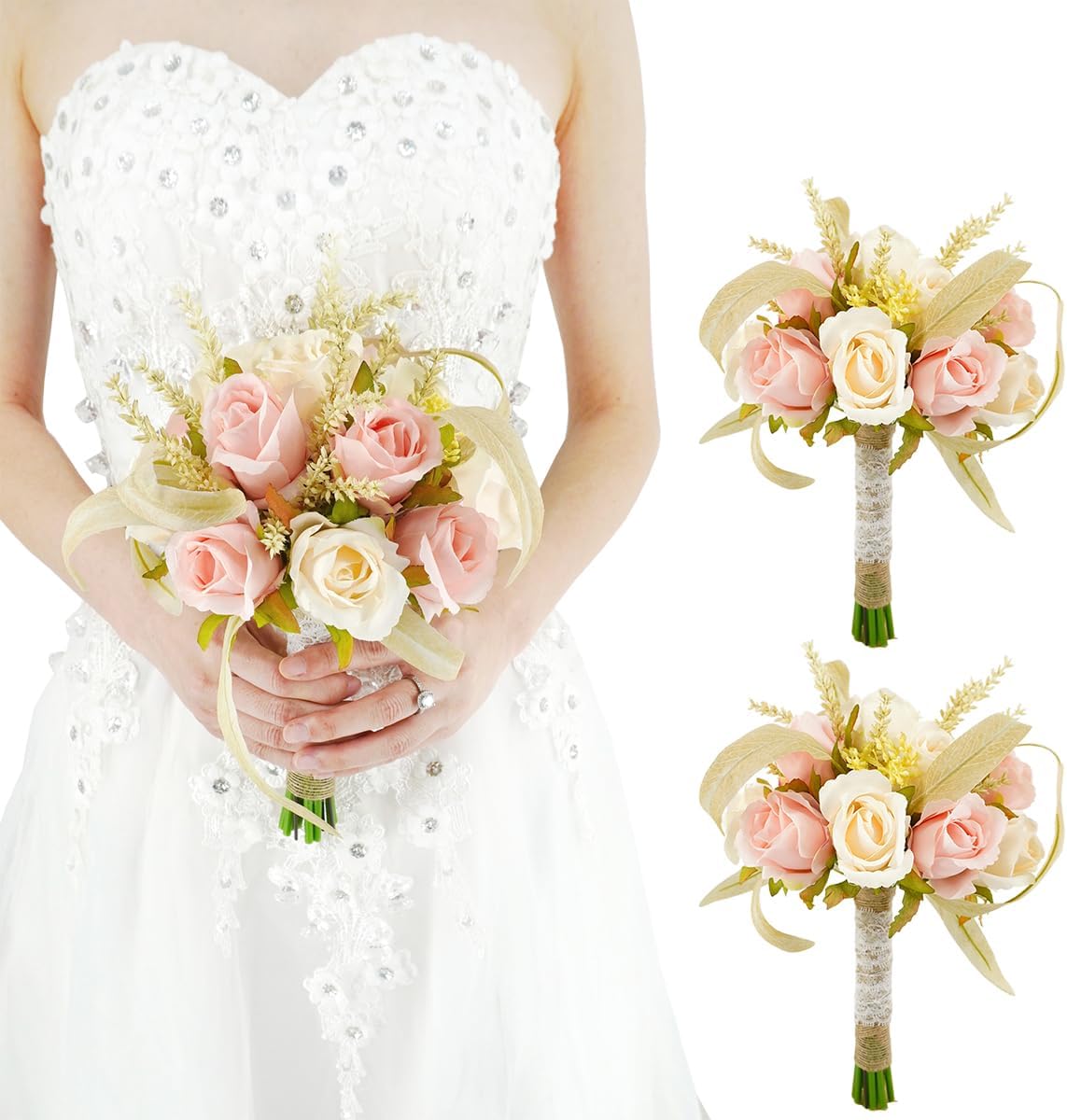 Bridesmaid Bouquets for Wedding Artificial Pink Flowers Eucalyptus Bouquets Set of 2 Pre- Made Small Floral Wedding Centerpieces Party Ceremony Anniversary Dinning Table Decor