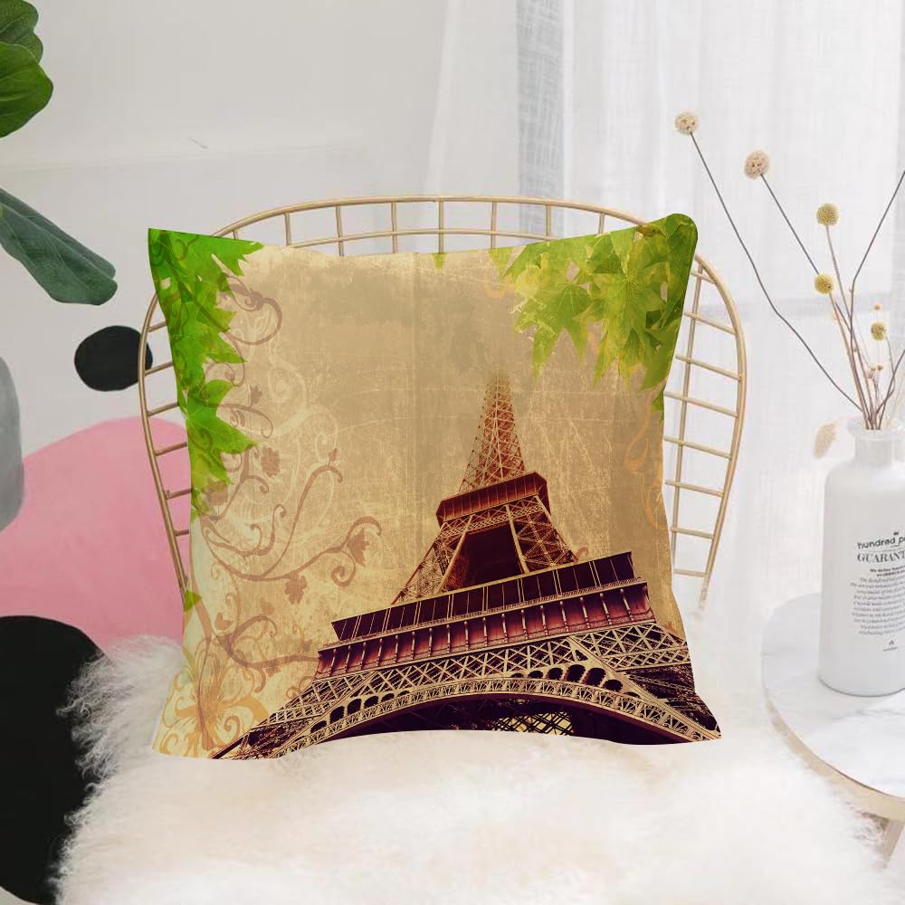 HYOSXW Cushion Cover,Throw Pillow Case Home Decorative for Living Room Bedroom Sofa Chair 16X16 Inch,Eiffel Tower, Eiffel Tower and Tree Leaves on Grunge Background with Swirl,Pillowcase 40X40cm