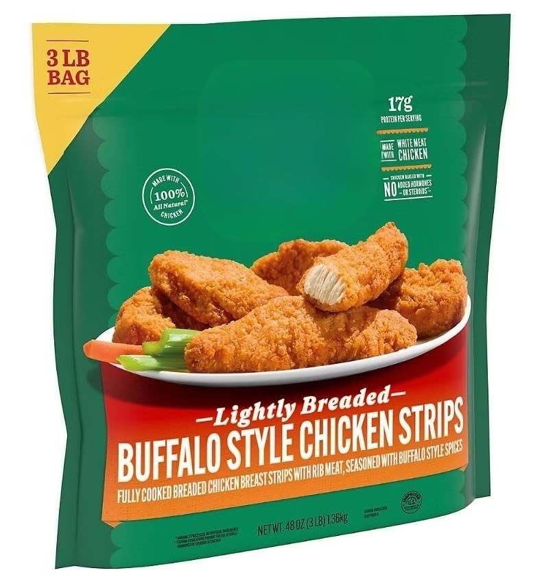 Buffalo Style Chicken Strips. Bite into fully cooked breaded chicken breast with rib meat. , and already in strips. lightly breaded Buffalo style is made with 100% all natural* chicken with no added hormones or steroids.** With 17 grams of protein per serving, Are a great way to add protein to your dishes. [ 48 oz , 3 lb ]
