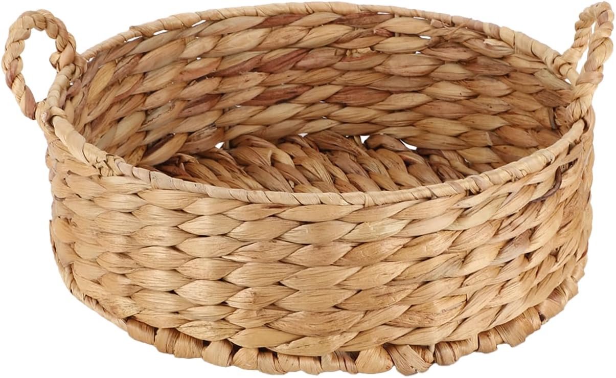 Round Water Hyacinth Storage Baskets for Organizing Round Wicker Basket with Double Handles-Wicker Baskets for Shelves
