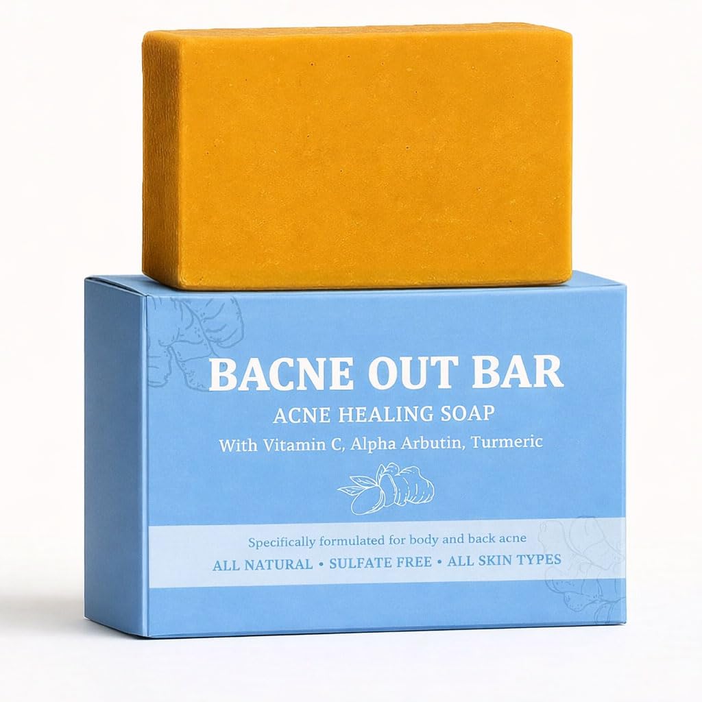 Bacne Out Bar, Acne Healing Soap with Turmeric Vitamin C & Alphaarbutin, Natural Exfoliating Cleanser for Back, Face, Chest, Shoulders (1)