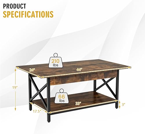Miniatura 3 de COSTWAY Mesa de centro industrial mesa de té de cóctel de madera de 2 niveles con estante de almacenamiento y marco de acero en forma de X mesa