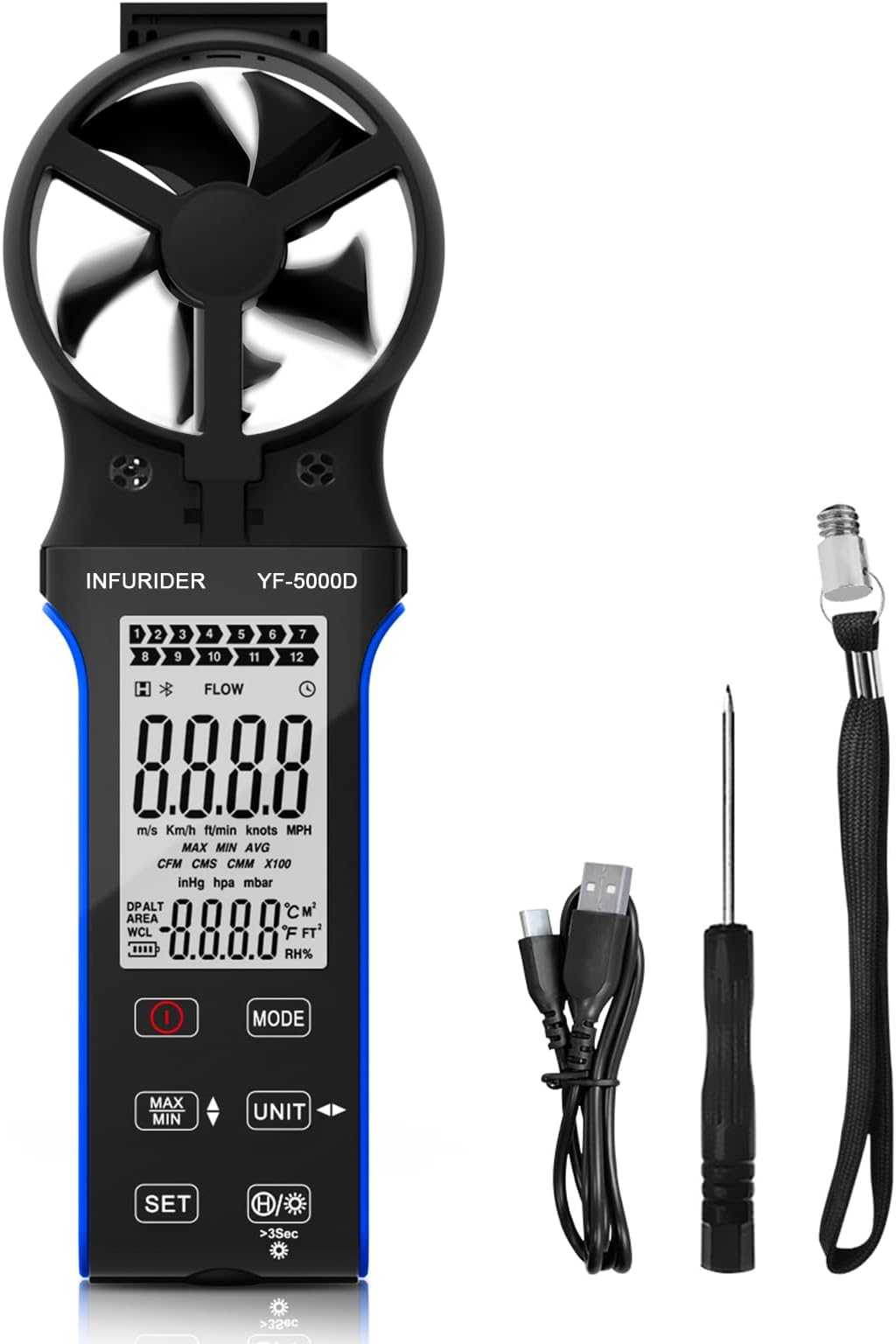 Handheld Anemometer, Anti-dust CFM Meter Wind Speed Meter with Touch Button, Rechargeable Wind Gauge for Air Flow, Wind Chill, Wind Temp Test, with Waterproof and LCD Backlight