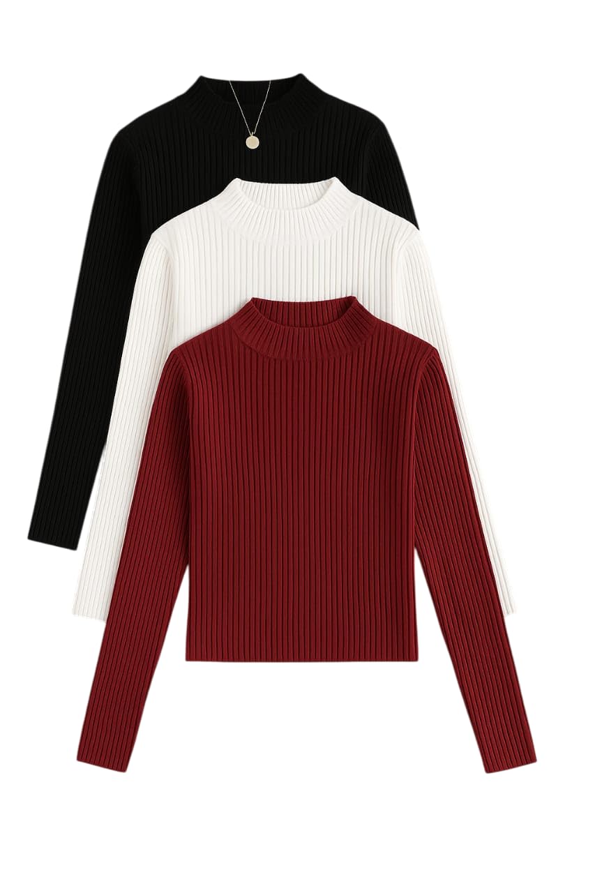 black velour Women’s Ribbed Lycra High Neck Full Sleeve Top | Stretchable Slim Fit Casual Wear for Winter & Layering (Pack of 3)-picture-52