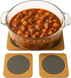 Descanso de Panela em Bambu com Centro de Aço Inoxidável Trançado – Design Moderno e Funcionalidade