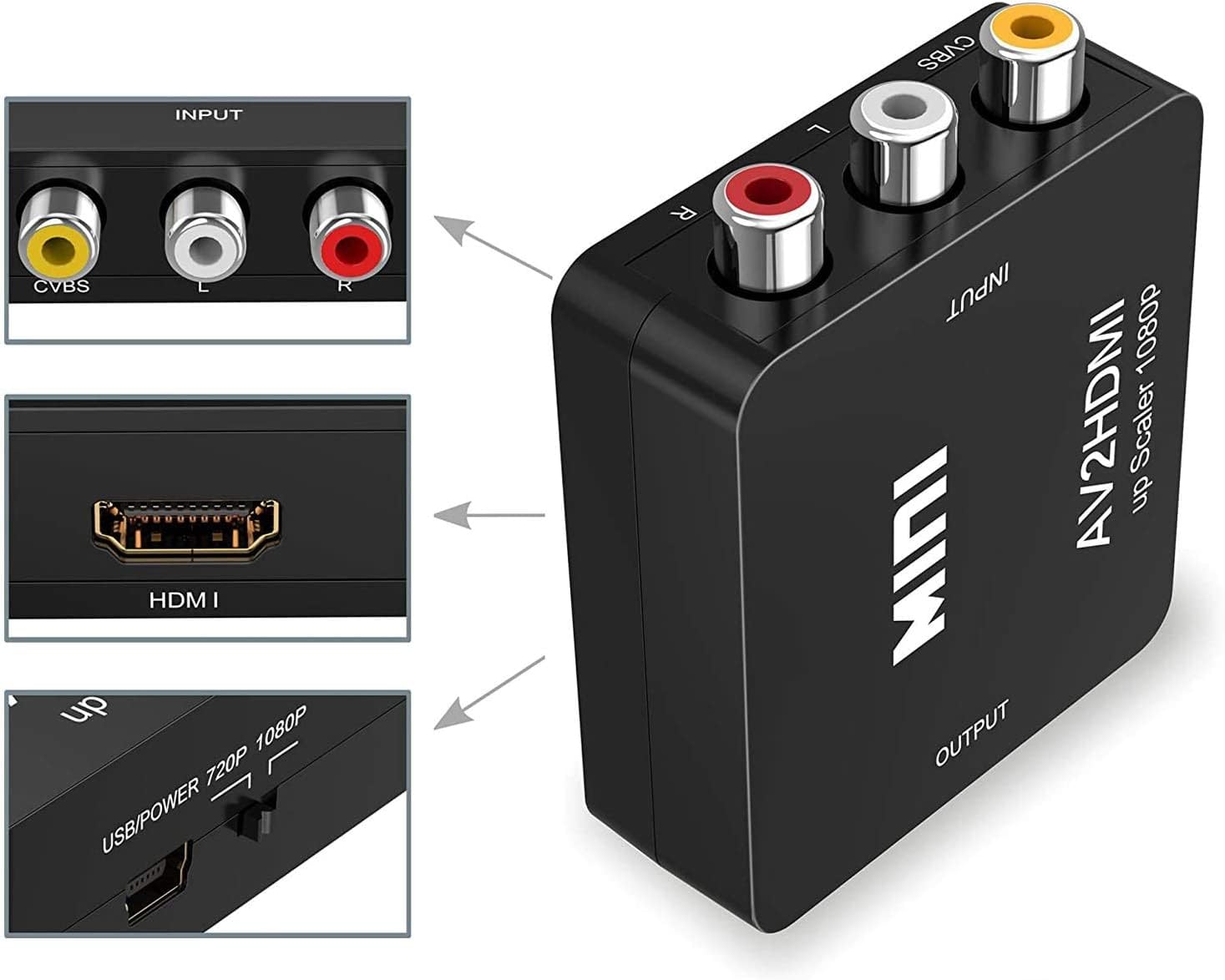 aweskmod RCA to HDMI Adattatore 1080P/720P 60Hz supporta PAL/NTSC, DigitConvert Convertitore AV a HDMI Adattatore wii hdmi con USB per Xbox, N64, WII, STB, VHS, VCD, VCR, DVD, lettori Blu-rays
