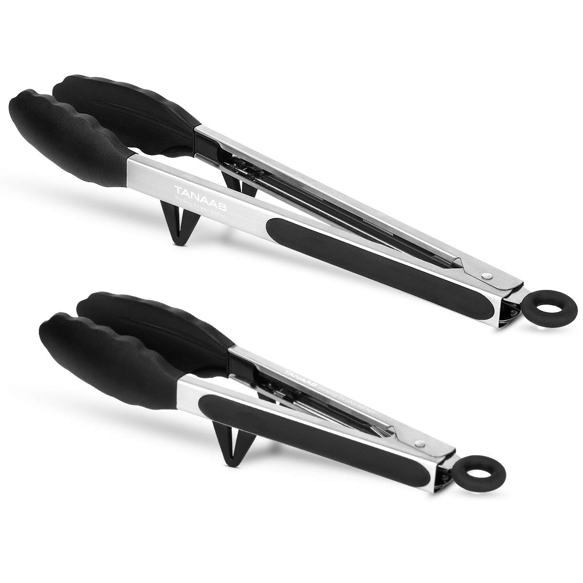 TANAAB V Stand Kitchen Tongs with Silicone Tips Set of 2, 9 & 12 inch heat-resistant 320 °C/608 °F Cooking Tongs Stainless Steel Metal Food Tongs for Cooking Serving Frying BBQ Salad Meat Steak -Black