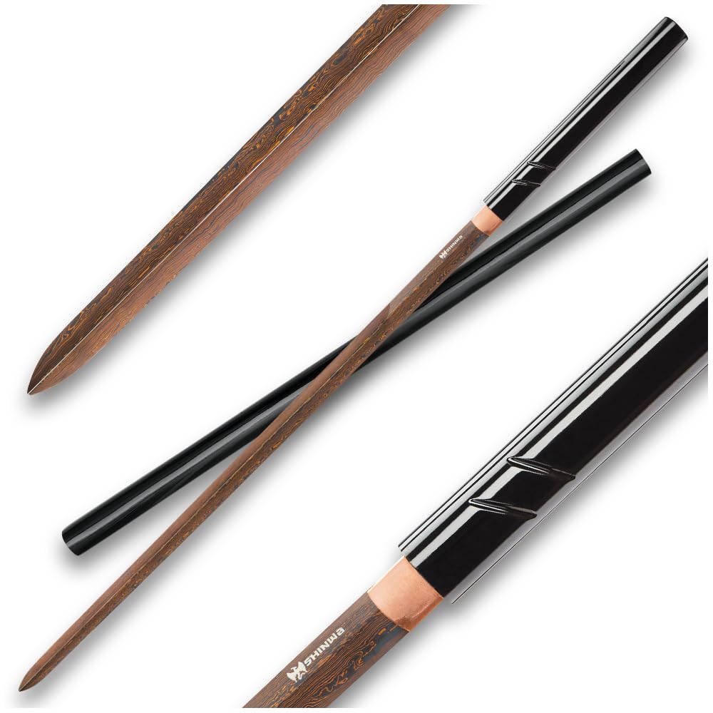 Shinwa Shirasaya Sword – Color Options | Hand-Forged 29" Black Damascus Steel Blade | Traditional Japanese Shirasaya with Lacquered Hardwood Saya and Handle | 40.25" Overall Length Collector Katana