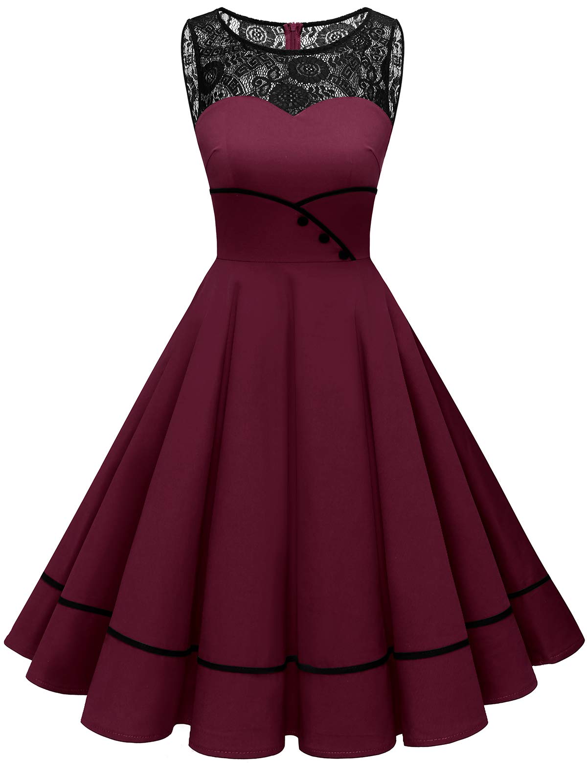 Bbonlinedress Damen Cocktailkleid Rockabilly Spitzenkleid 50er Retro Vintage Faltenrock Elegant Ärmellos Rundhals