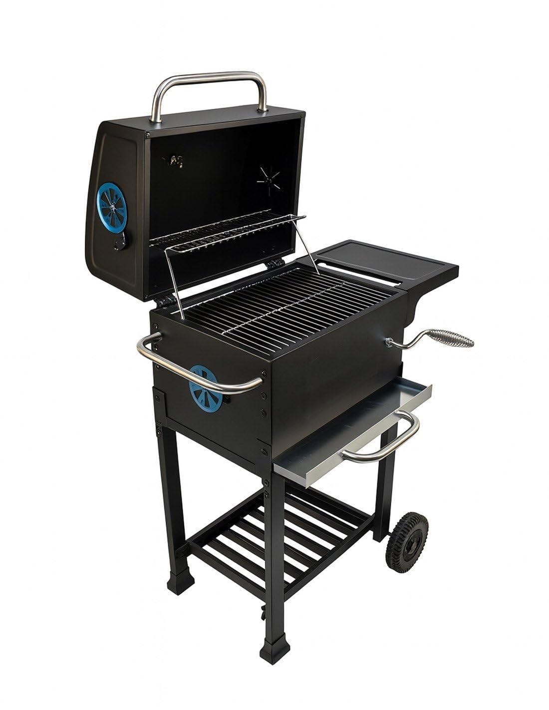 JARDIN202 - Barbacoa de Carbón con Tapa y Termómetro Kansas | Grill Ajustable con Parrilla Cromada y Calentador Superior| Ruedas Grandes | (Negro)