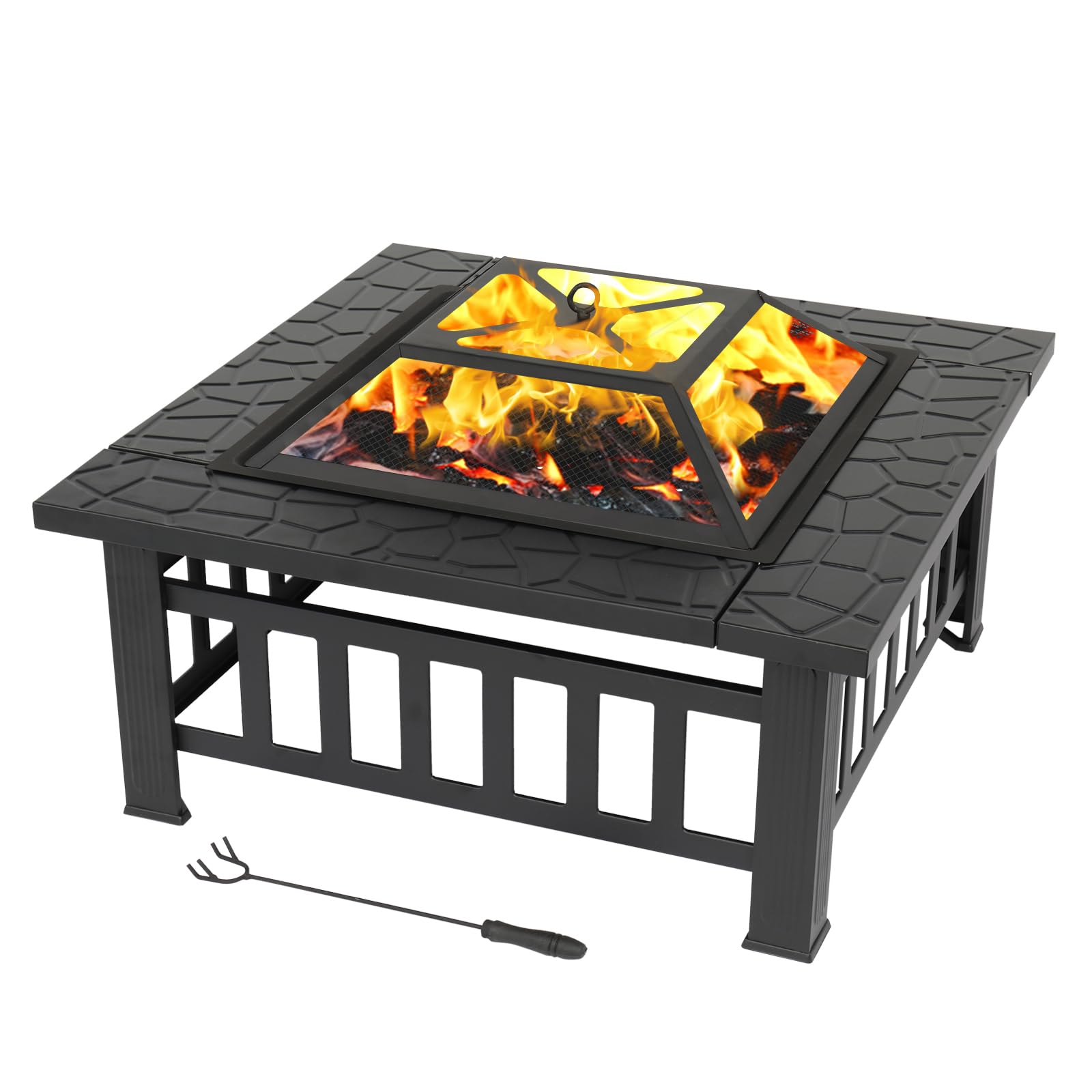 LEADZM Feuerschale mit Grillrost | Feuerkorb 3-in-1 Multifunktional, Feuerhaken & Schutzhülle, Feuerstelle für Holz/Kohle, BBQ Party Garten Terrasse Outdoor,82 x 82 x 52 cm