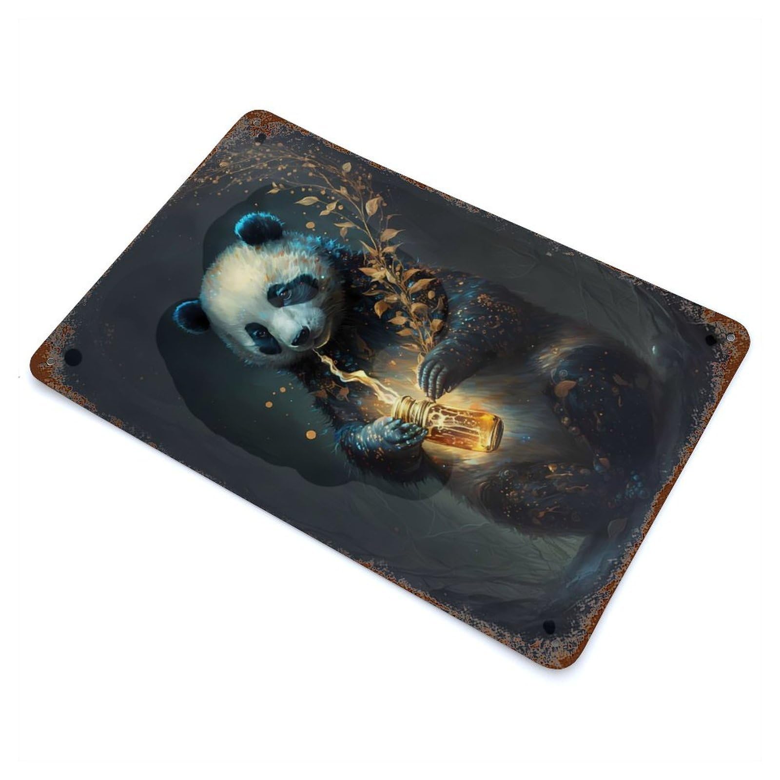 Panda Rust Effect Tin Sign 11.8"x7.9", Industrial Home Decor for Bistro, Counter And Cafe Decor