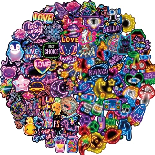 Lot de 100 autocollants néon cool et amusants en vinyle imperméables pour enfants, ordinateur portable, scrapbooking, skateboard, bouteille d'eau, journal, Kindle,...