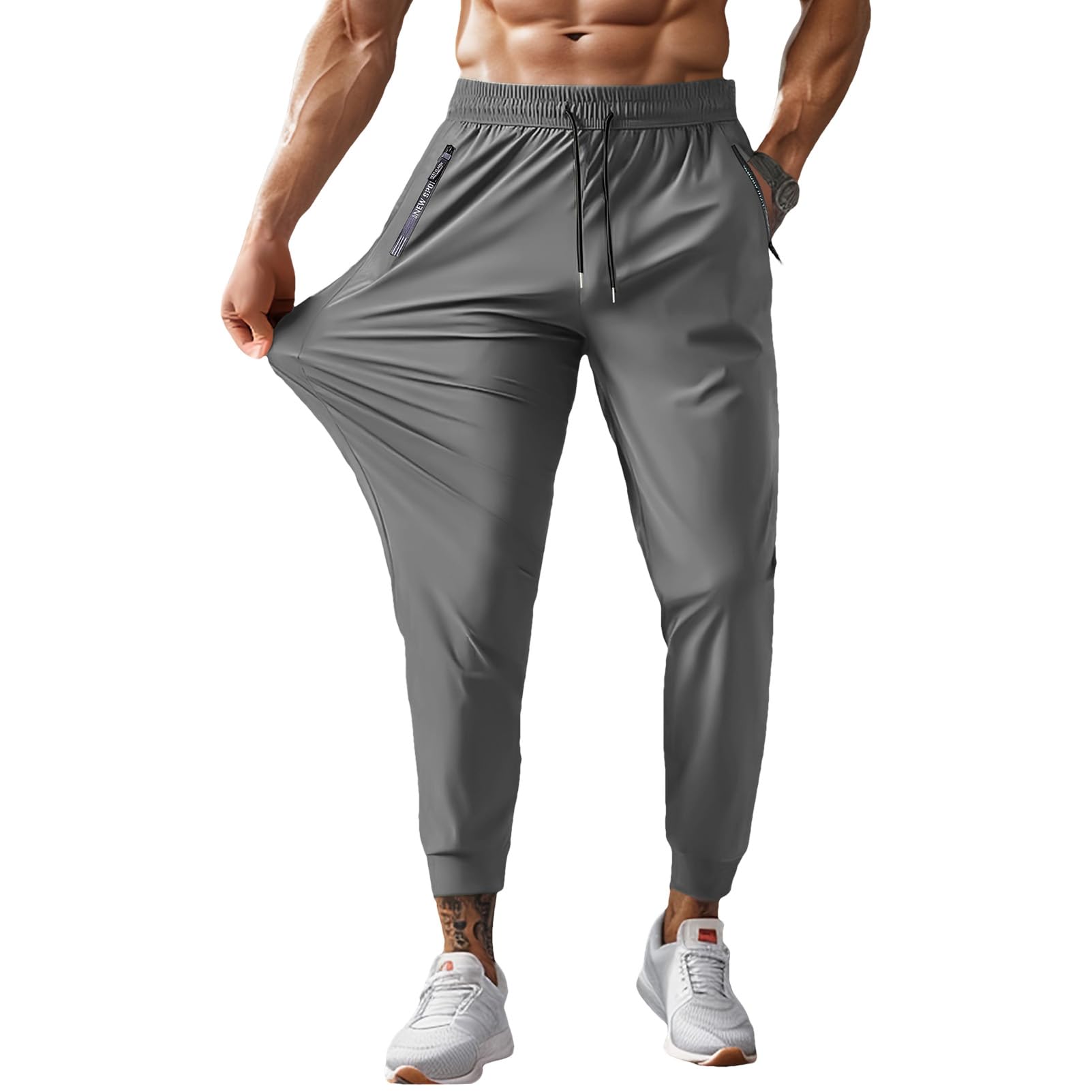 Hombre Verano Pantalones Deportivos Elásticos Ligeros con Bolsillos con Cremallera Pantalones Finos Informales (Fondo Abierto/Fondo Cerrado)