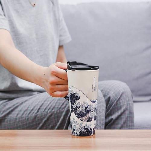 Miniatura 6 de Taza de viaje de café de cerámica de 17 onzas con asa y tapa deslizante resistente a las salpicaduras, taza de arte de porcelana de gran capacidad