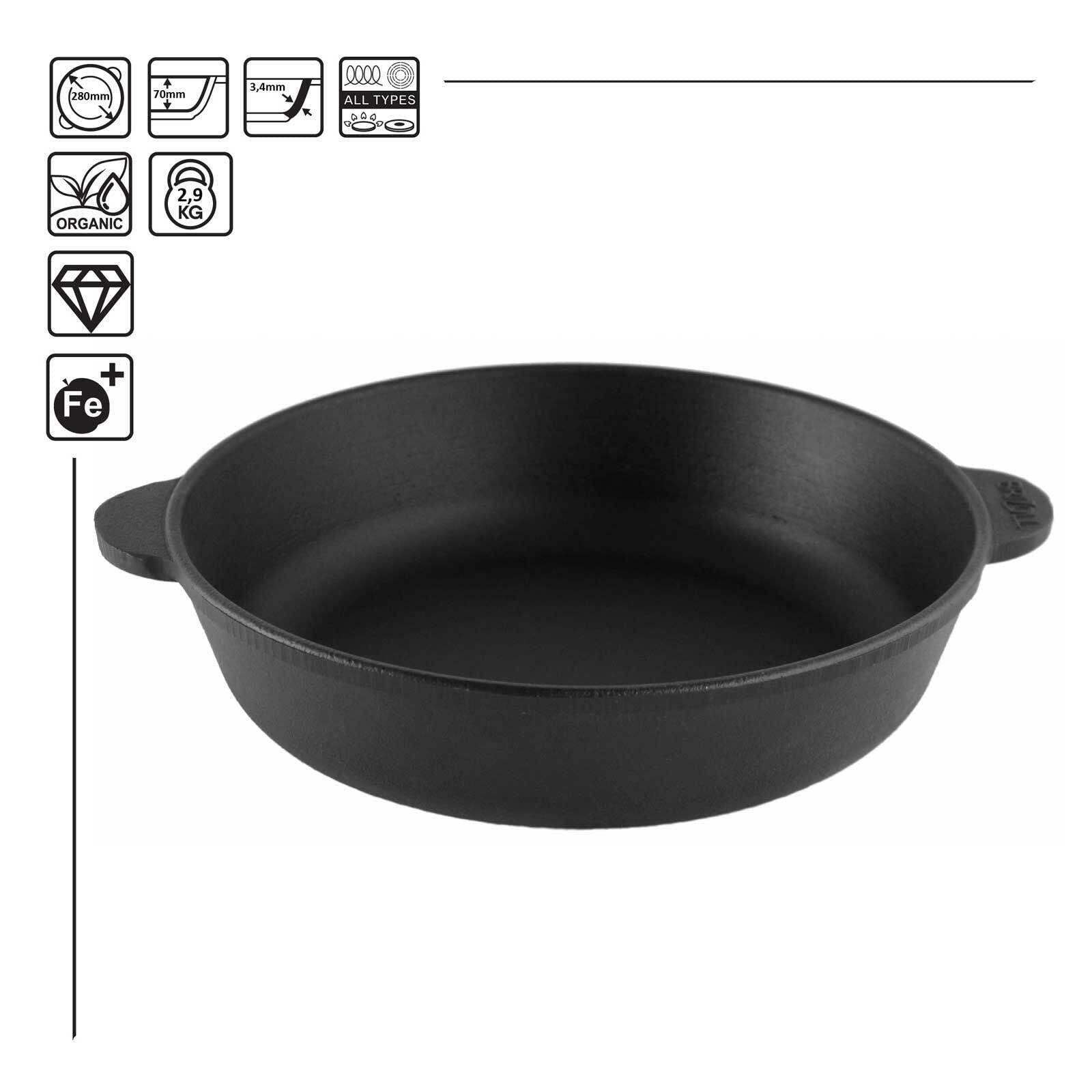 4BIG.fun Poêle en fonte - Diamètre : 28 cm - Avec couvercle en fonte - Avec couvercle en fonte - Pour l'induction - Passe au four