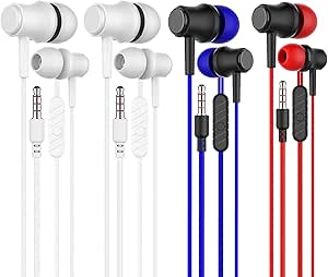 4 Pack 3.5mm Stereo in Ear Running Headphones Wired with Microphone, Clear Sound,Compatible with Android, iPhone, iPad, Laptops, MP3 (2White+1Red+1Blue) asin的图片