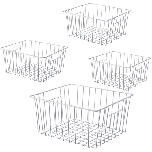 Freezer Wire Baskets, Kitchen Storage Organizer Bins for Chest and Upright Freezer, Refrigerator Dividers Containers with Handles - Pearl White (4)