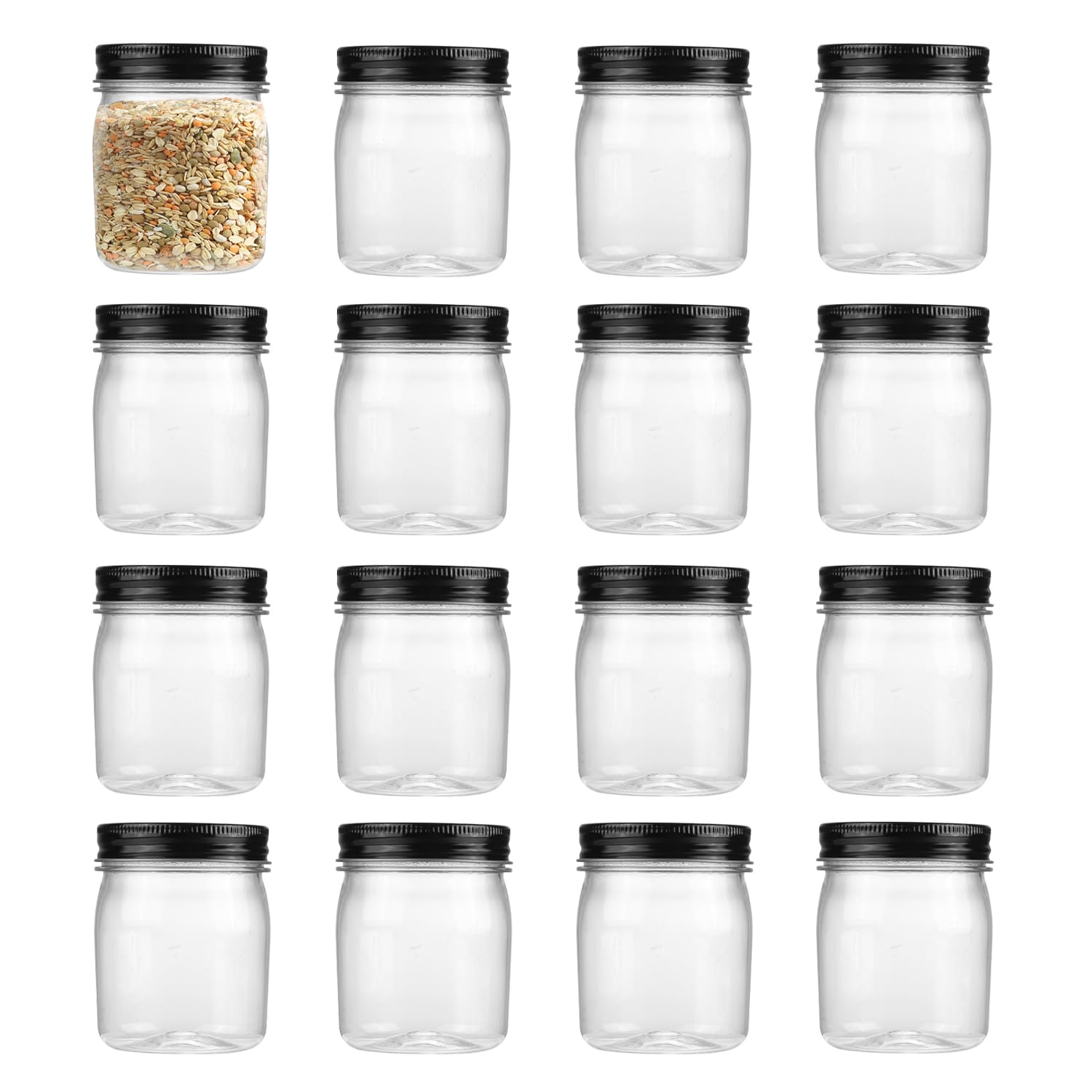 8 Ounce Clear Plastic Mason Jars With Screw On Lid, Reusable Empty Jars for Food Storage, Round BPA Free Containers for Sealing, Dry Food, Snacks,