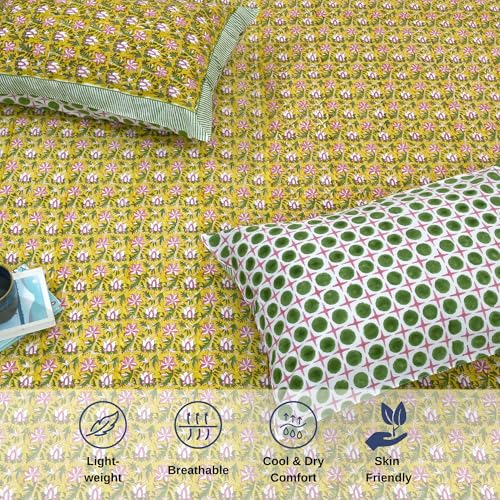 Image of TOAI Hand Block Printed Bedsheet | Bed Spread Flatsheet Bed Sheet | Pure Cotton | King Size 108 inchx108 inch | 300 TC Long Staple Cotton | 2 Reversible Pillow Covers |Pink Floral Pond
