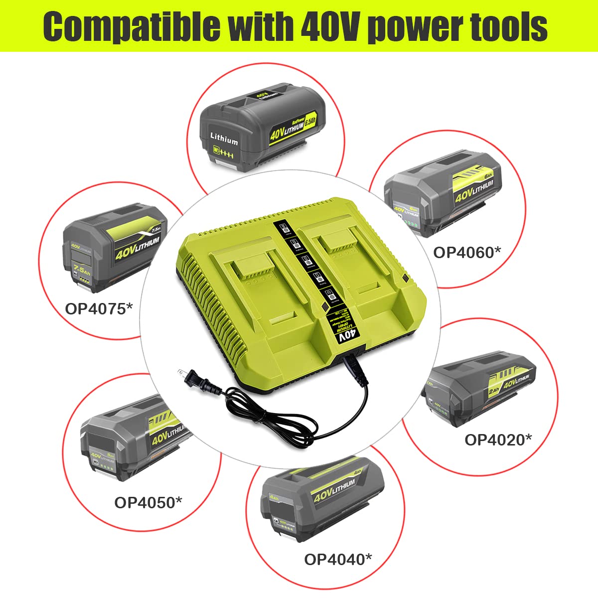 Cargador de batería de 40 V para herramientas inalámbricas Ryobi de 40 voltios, cargador de batería dual Atcuji de 40 V OP401