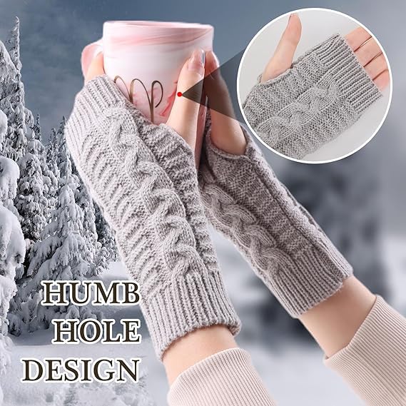 Street27® Arm Warmers Cute Knitted Fingerless Gloves for Women Winter Thumbhole Wrist Warmer Men Crochet Arm Warmers Hand Mittens Fancy Gloves and Skin Friendly For Unisex (Light Grey) 4