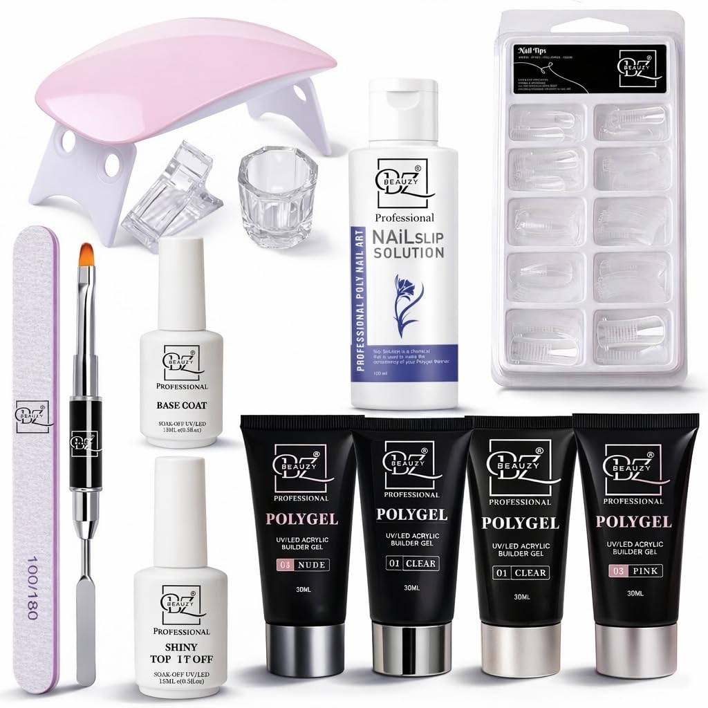 Polygel Nail Extension Combo Kit | Base Coat 15ml + Shiny Top Coat 15ml + Polygel Set (Clear, White, Pink, Nude) + Nail Slip Solution 50ml | UV LED Lamp | Nail Tips, Brush, File & Accessories | Salon & Home Use-image-23
