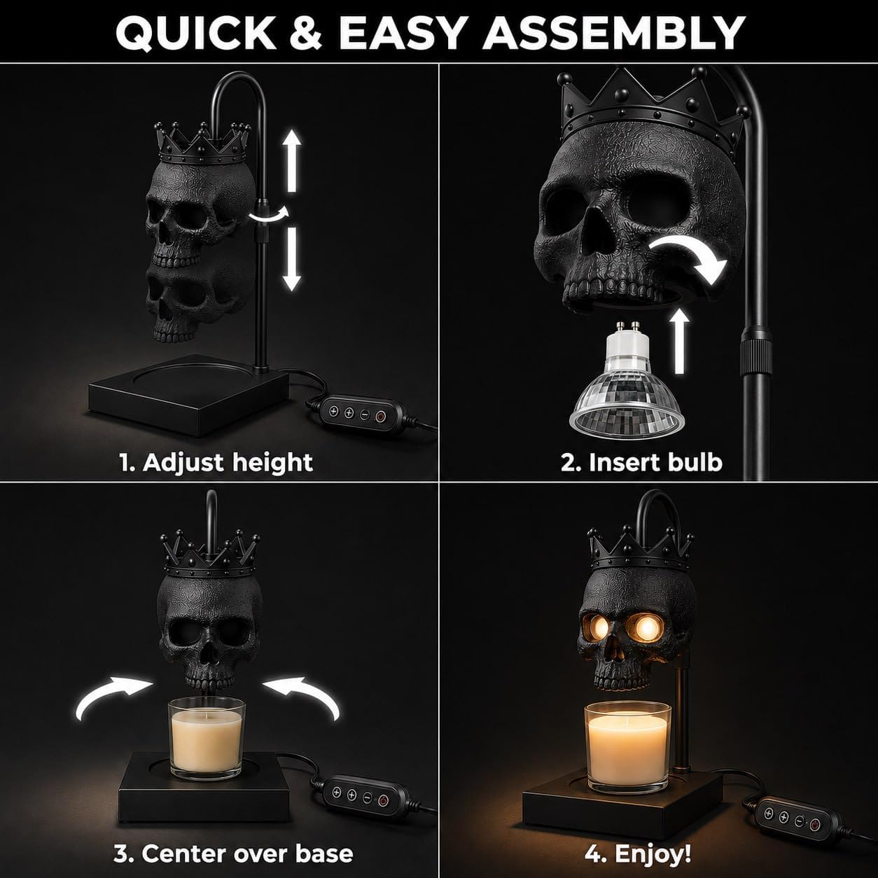 Skull Candle Warmer Lamp with Timer & Dimmer - Black Gothic Candle Lamp Warmer, Adjustable Height, 2 Light Bulbs - Skull Decor, Goth Gifts, Gothic Home Decor, Witchy Spooky Halloween Decor