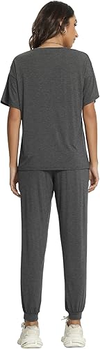 Miniatura 3 de WiWi Conjunto de pijama de viscosa de bambú para mujer, manga corta, ropa de descanso, 2 piezas, pantalones largos, conjuntos de pantalones