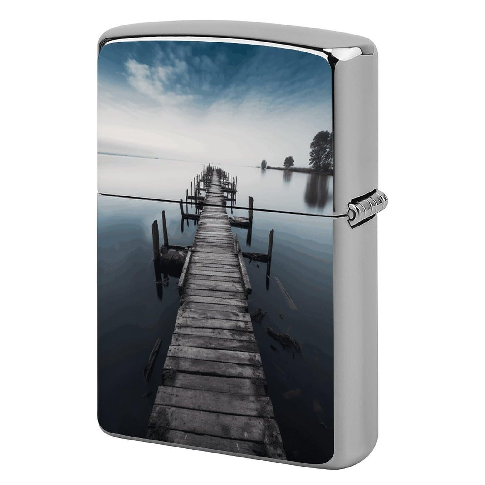 Fekiloot Style Old Wood Pier Above Calm Water Lighter Case Cover Metal Lighter Case