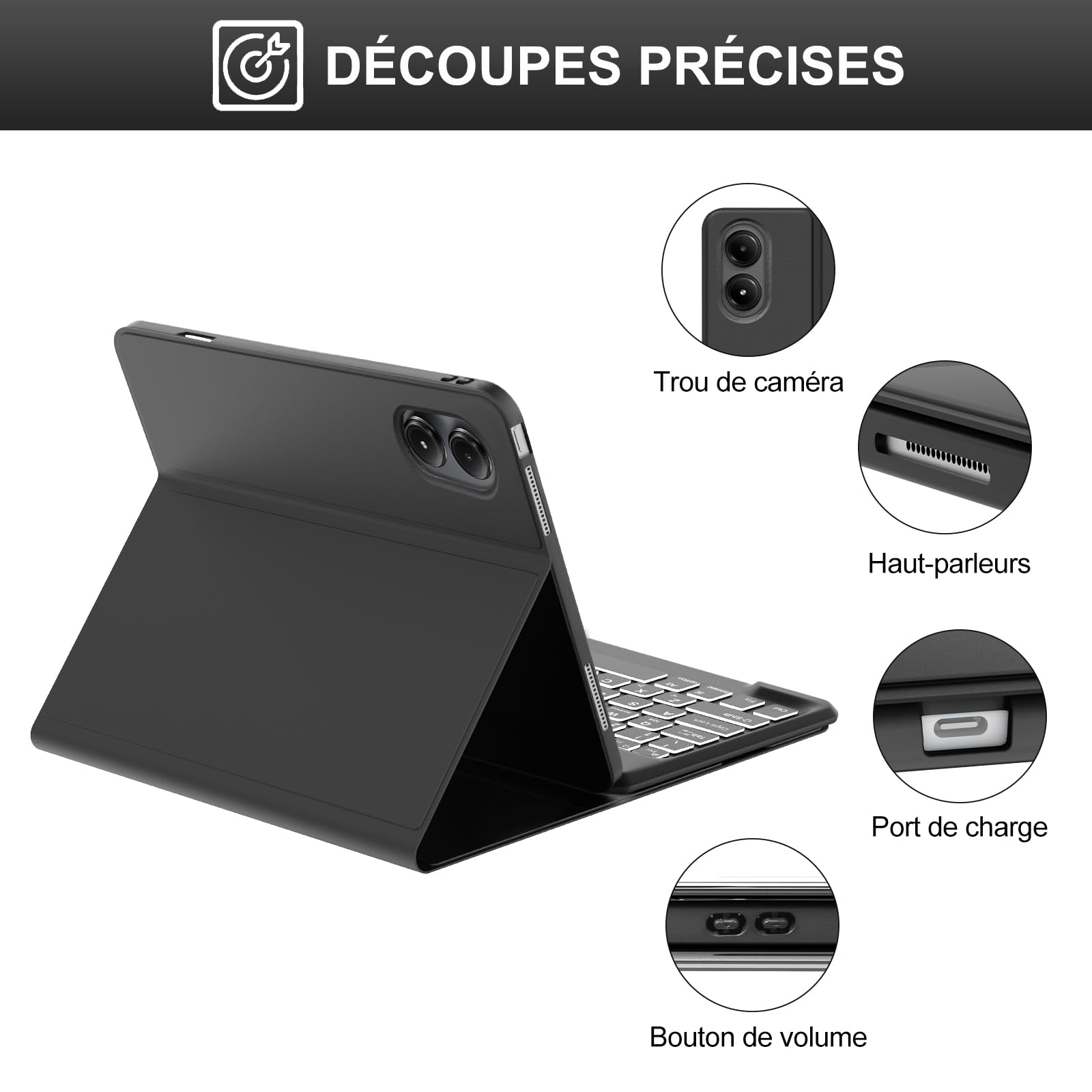 JADEMALL Coque Clavier pour Redmi Pad Pro 12.1" 2024/Xiaomi Poco Pad 12.1" | Étui Clavier AZERTY Français Rétroéclairé Détachable Magnétique Bluetooth pour Tablette Redmi Pad Pro 12.1 Pouces 2024, Noir