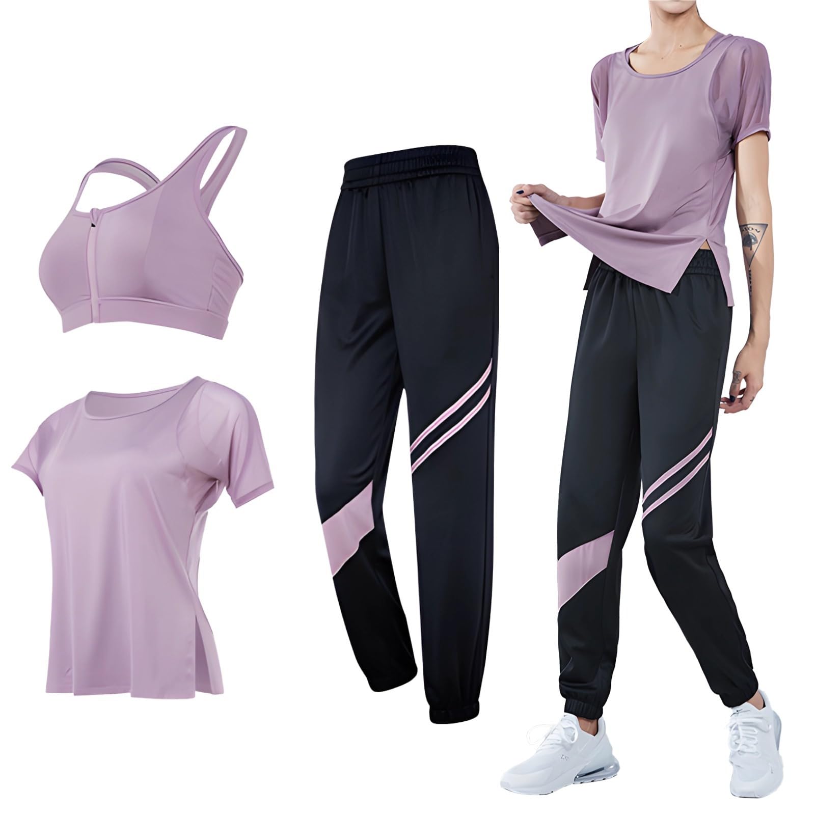 Elegante conjunto de entrenamiento de tres piezas para mujer, sujetador, camiseta y leggings, color morado/negro, tela transpirable, talla XXL, Múltiples, Talla única