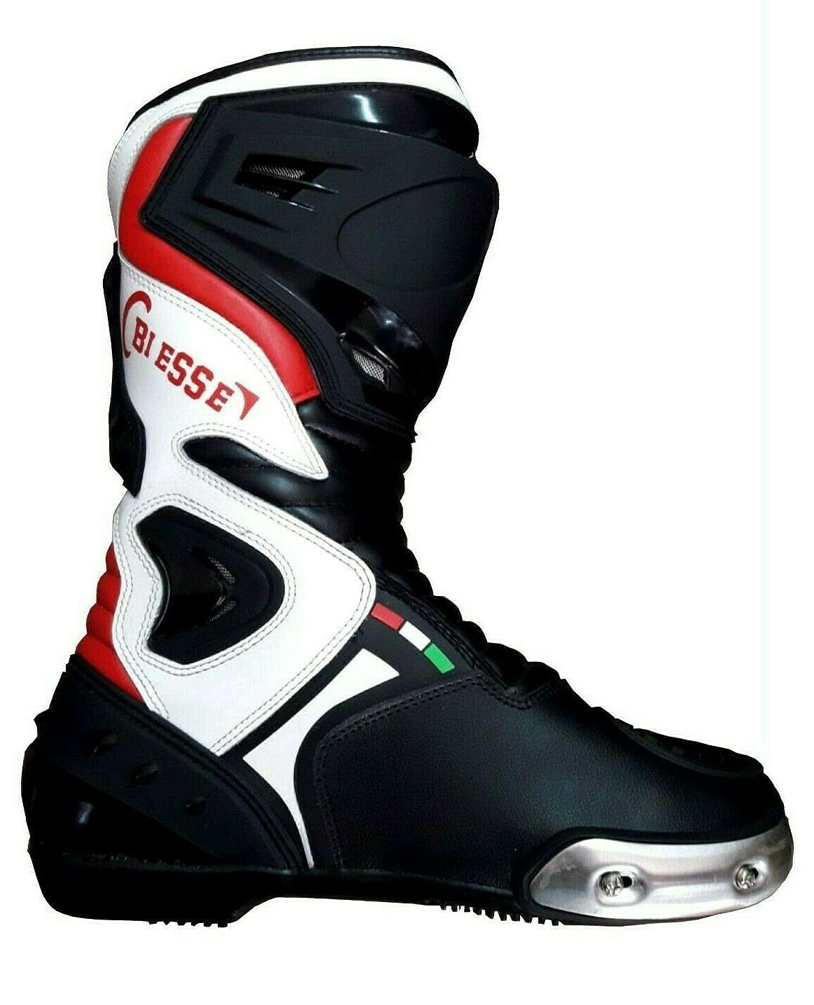 BS MOTO - Botas Moto Sport Racing Track, en Piel Profesional Track Transpirable (Negro/Rojo/Blanco)