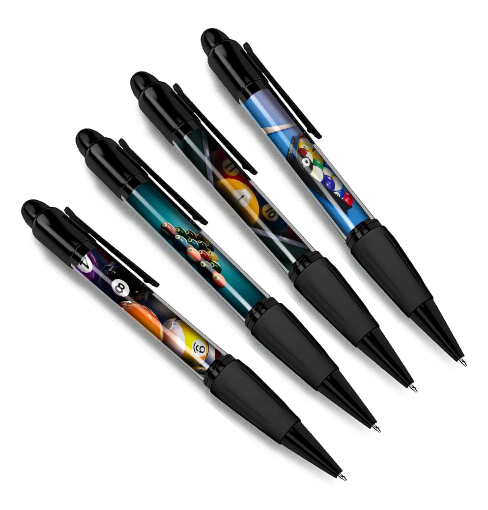 DV DESIGN Set of 4 Pool Black Ballpoint Pens - 8 Ball Snooker Pub Billiards Sport Theme Gift