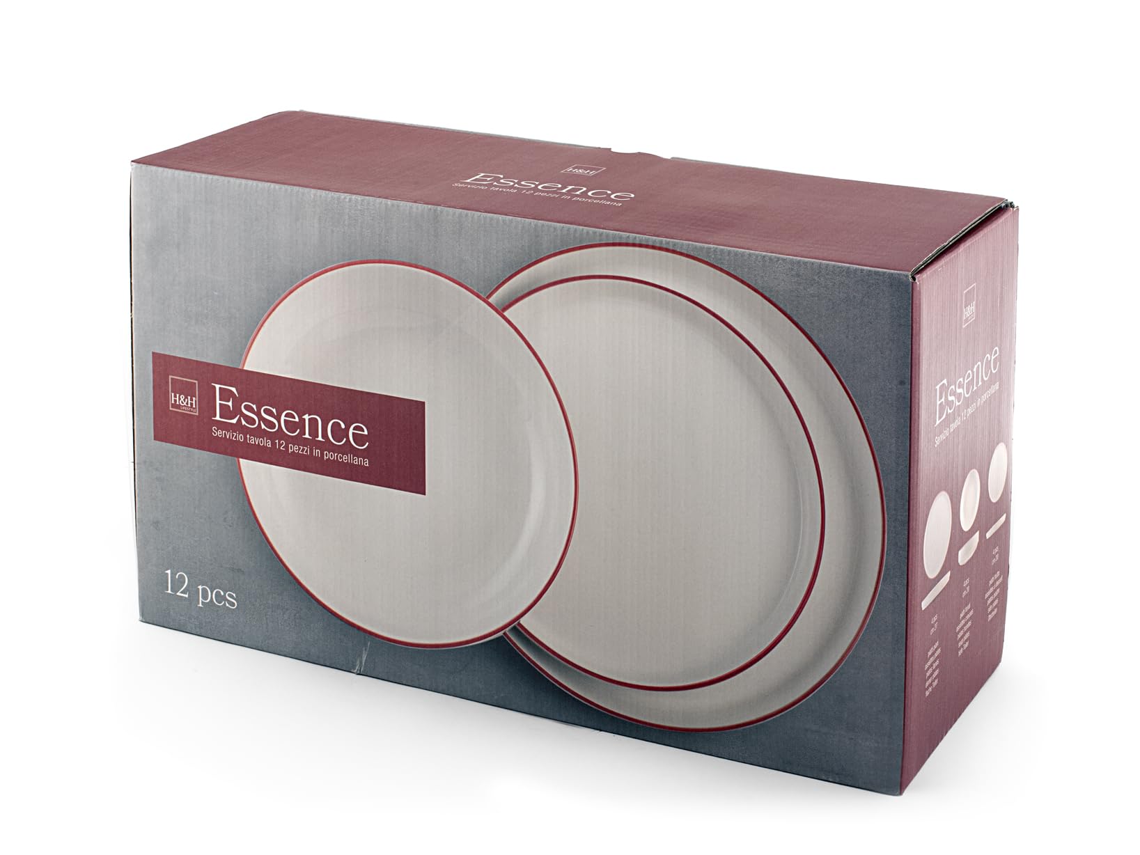 H&H, Servizio Tavola 12 Pezzi Essence Black in Porcellana Bianca con Bordo Rosso – Piatti Piani, Fondi e Frutta, Adatto per Lavastoviglie e Microonde