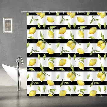 Cute Lemon Summer Leaf Shower Curtains, Yellow Fruit Green Leaves Plant Bathroom Shower Curtain,Black Stripe Citrus Waterproof Fabric Bath Decor Set with 12 Hooks72Wx72H Inch