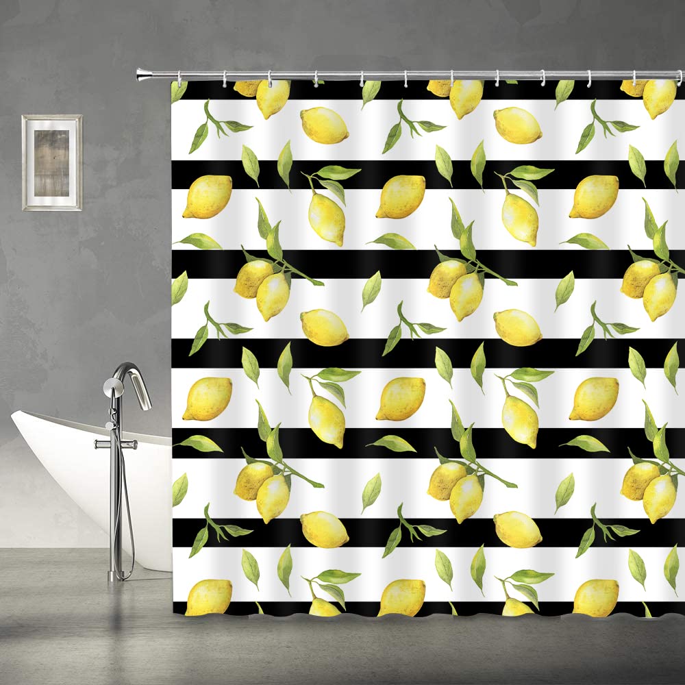 Abaysto Cute Lemon Summer Leaf Shower Curtains， Yellow Fruit Green Leaves Plant Bathroom Shower Curtain，Black Stripe Citrus Waterproof Fabric Bath