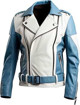 Men's Blue & White Genuine Sheepskin Biker Jacket, Lapel Collar