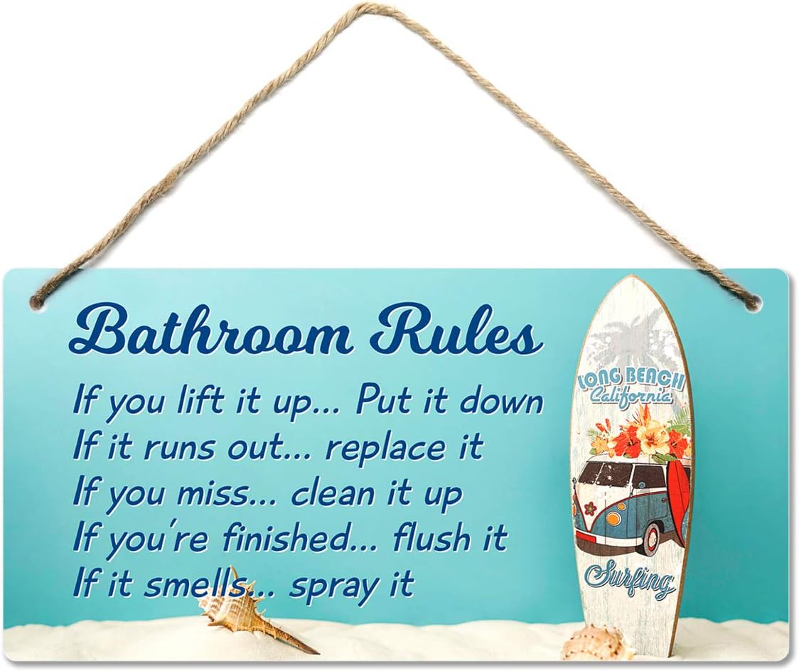 fun-plus Beach Bathroom Decor, 12″x6″ PVC Plastic Wall Decoration Hanging Sign, Water and Humidity Proof, Bathroom Rules, Seashell Bathroom Decor, Beach Bathroom Decor and Accessories, Surfboard …